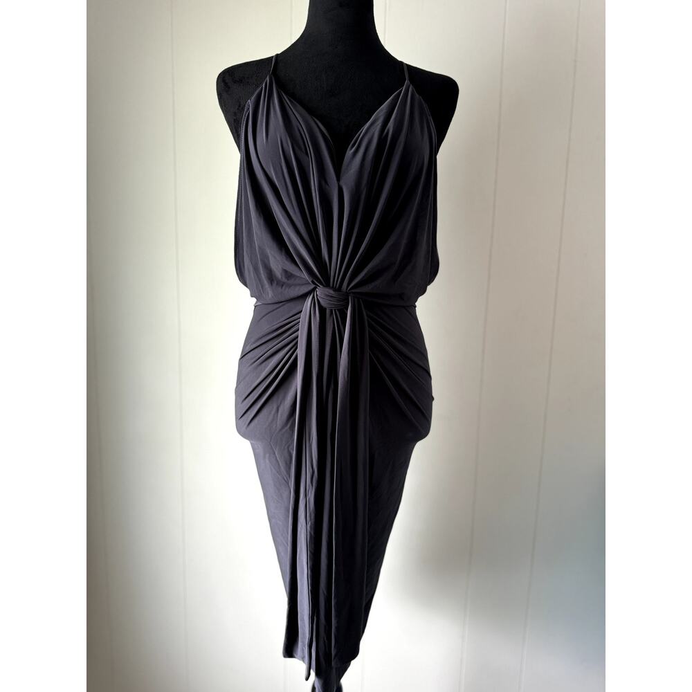 MISA Los Angeles Gray/Smokey Black Domino Draped Front Tie Dress Size XS - Picture 2 of 8